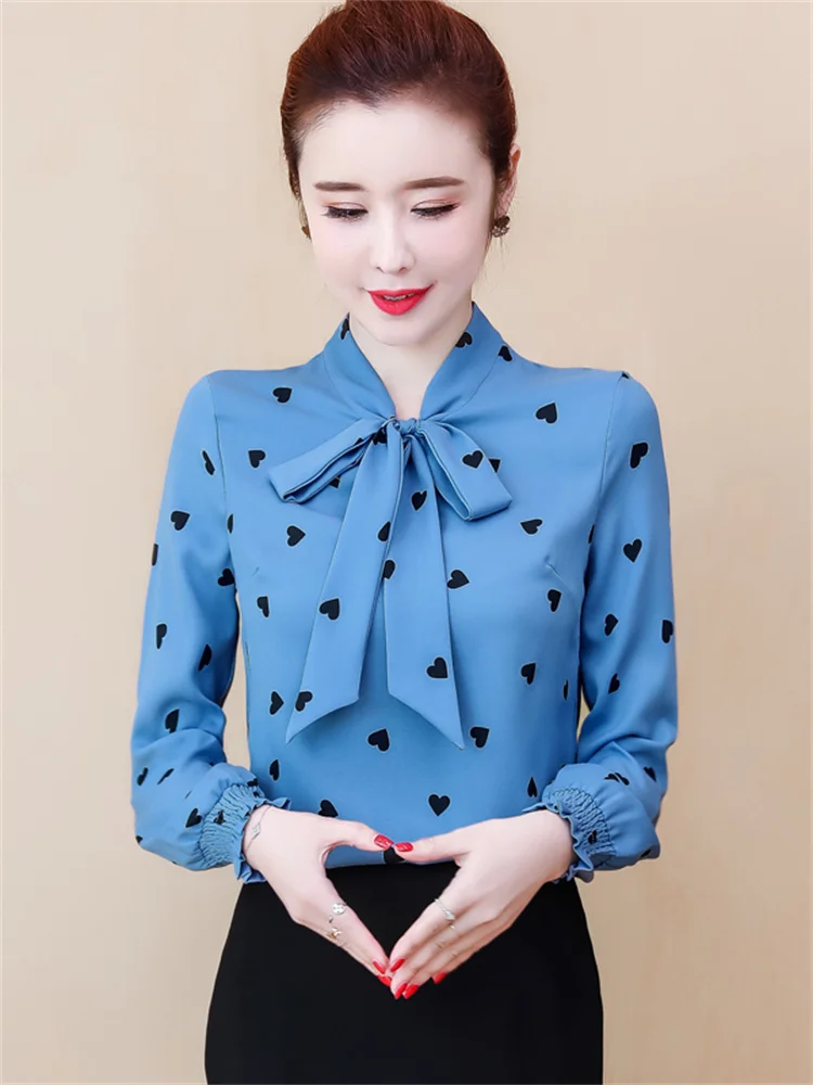 

Women Spring Summer Style Chiffon Blouses Shirts Lady Casaul Long Sleeve Polka Dot Printed Bow Tie Collar Blusas Tops DF3158