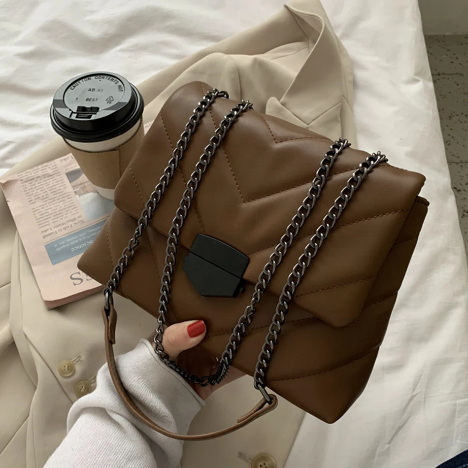 

Casual Women Bags Designer Quilted Chains Ladies Shoulder Bags Luxury PU Leather Female Handbags 2022 Brand Fashion Flap Purses
