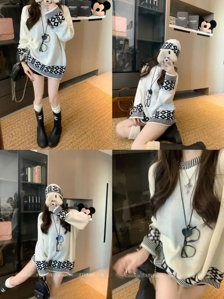 Gaganight Женский жаккардовый Свободный Повседневный свитер контрастных цветов с