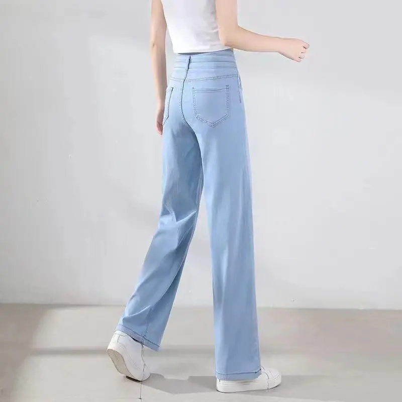 New Straight Jeans Women Summer Ice Silk Blue Denim High Waist Stretch Fashion Pocket Trousers Solid Color Wide Leg Washed Jean