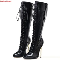 metal heel lace up mid boots womens solid black patent leather 15cm stiletto pointed toe fashion elegant plus size shoes