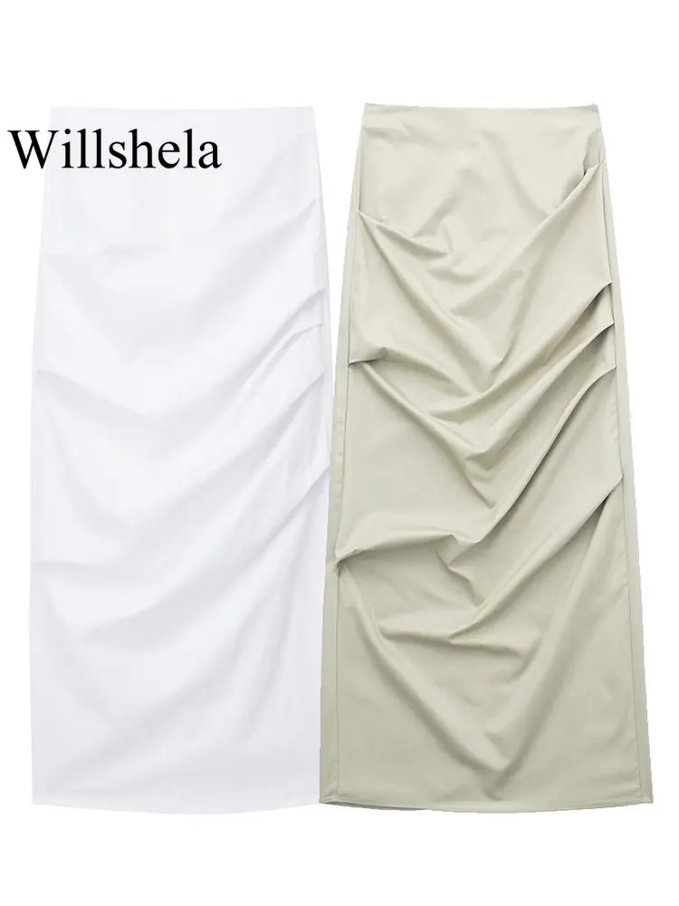 

Willshela женские модные однотонные плиссированные юбки миди на молнии сзади с разрезом винтажные женские шикарные длинные юбки с высокой талией для женщин