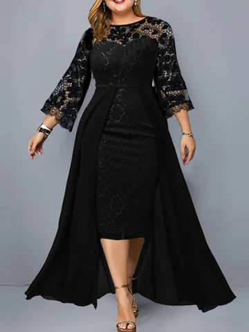 Plus Size Party Dresses for Wedding Guest Women's 2022 Fall Long Sleeve Lace Floral See Through Elegant Bodycon Dress Black