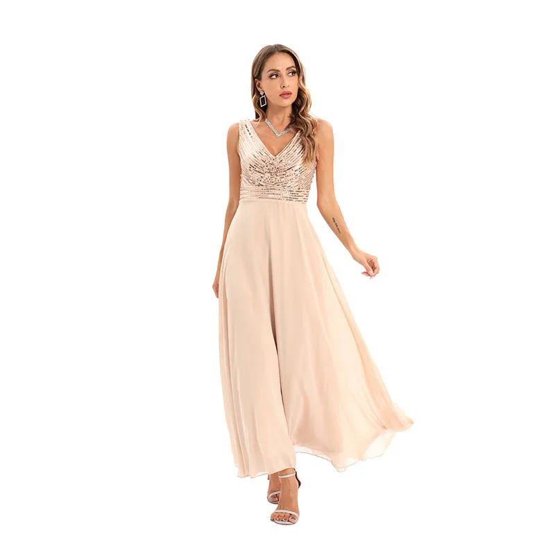 

Sexy Sequins Striped V-Neck Embroidered Long Dress WOMAN DRESS FASHION Girls Casual LONG Prom Elegant Dresses for Women