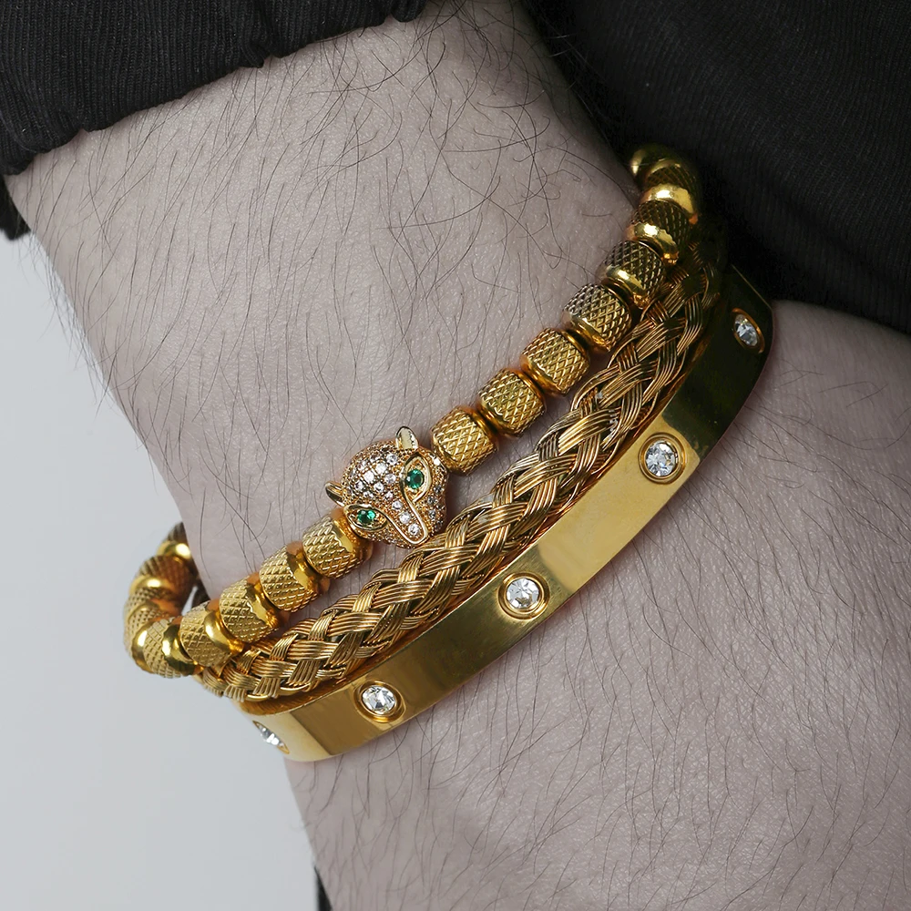 

Luxury Micro Pave CZ Leopard Charm Men Lace-up Bracelets Sets Roman Stainless Steel Crystals Bangles Set Couple Handmade Jewelry