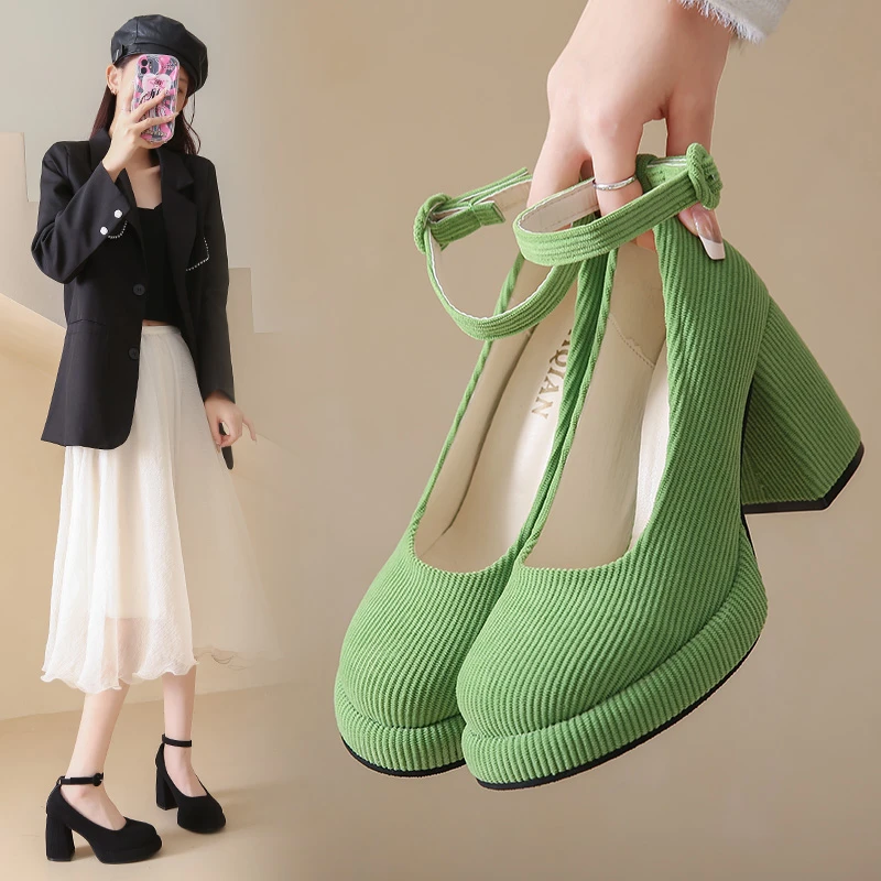 

New Trendy Green Platform Pumps Women's High Heels Buckle Strap Mary Jane Shoes Party Goth Block Heels Corduroy Shoes for Women