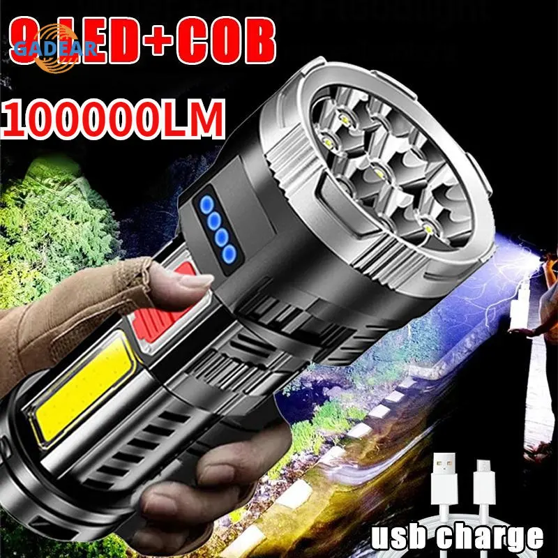 

9LED+COB Portable Flashlight Cob Side Light Outdoor Waterproof Lighting USB Rechargeable Camping Torch Searchlight For Camping