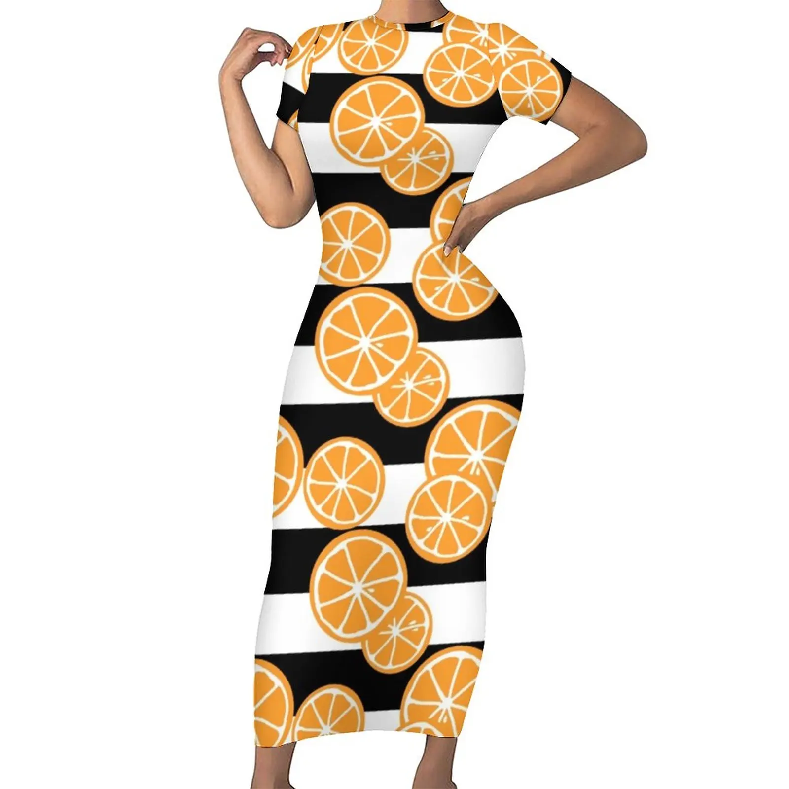 

Fresh Oragens Bodycon Dress Womens White and Black Striped Club Maxi Dresses Summer Short Sleeve Streetwear Graphic Dress