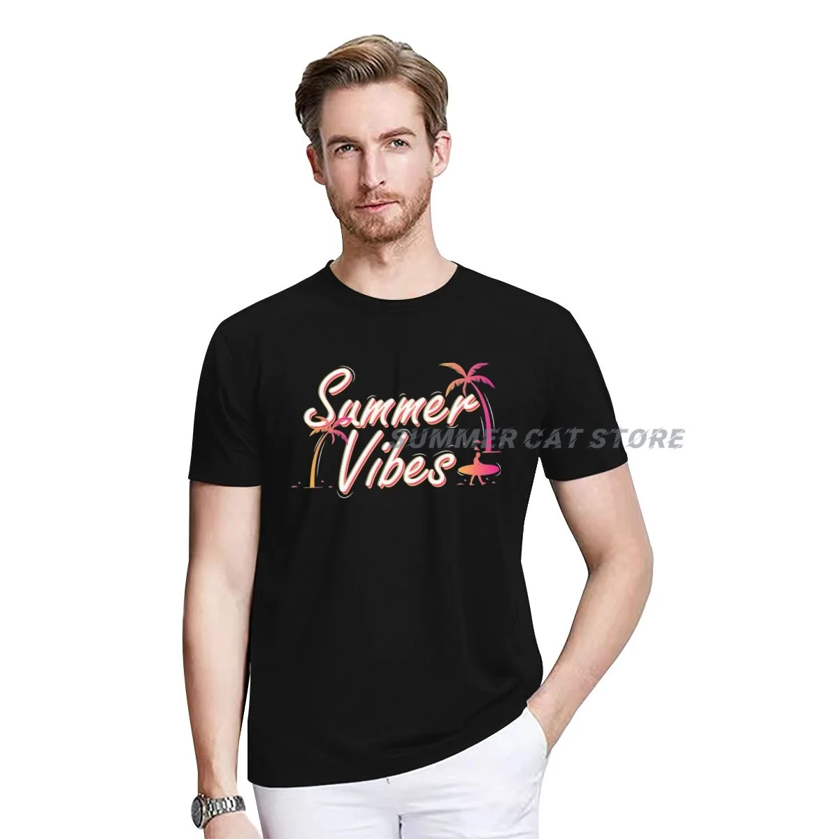

Cotton T-shirt Modern Summer Vibes Typography T Casual Style Tee Shirt Summer Short Sleeve of Unisex Tops