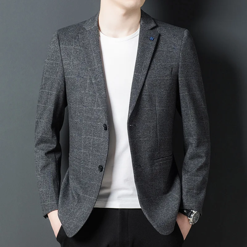 

HOO 2022 New Men's Spring Casual Slim Suit Youth Two Buttons Plaid blazer for men