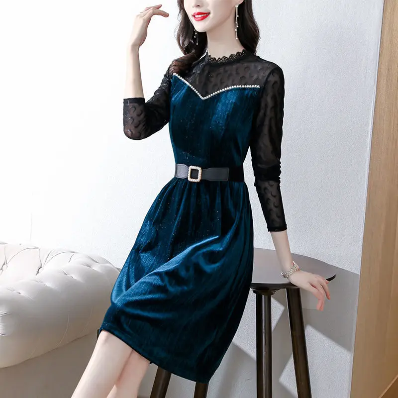 

Female dress Gold velvet dress 2022 spring new French frosty temperament waist slim long sleeve o neck dress mesh skirt clothing