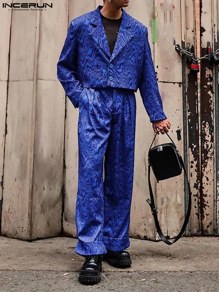 

INCERUN Fashion Men Sets Printing Autumn Lapel Long Sleeve Crop Blazer & Pants 2PCS Streetwear Loose 2022 Men Casual Suits S-5XL