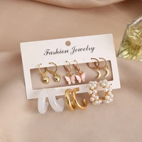 korea fashion pearl earrings set for women vintage heart butterfly geometric golden metal ear hoop earrings trend jewelry gift