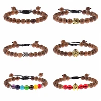 8mm natural wood beads buddha head bracelet for men adjustable braided rope bangles women wooden yoga jewelry homme
