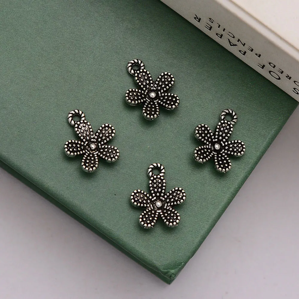 

80pcs/lot--10x13mm Antique Silver Plated Flower Charms Cute Mini Pendants For DIY Jewelry Making Supplies Bulk Items Wholesale