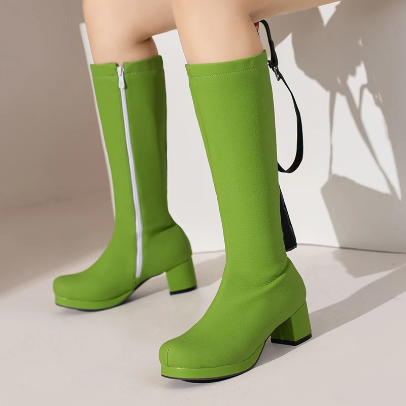

Soft And Comfortable PU Material Candy-Colored Women's Knee-High Boots Simple Round Toe High-Heeled Zipper Student Long Boots