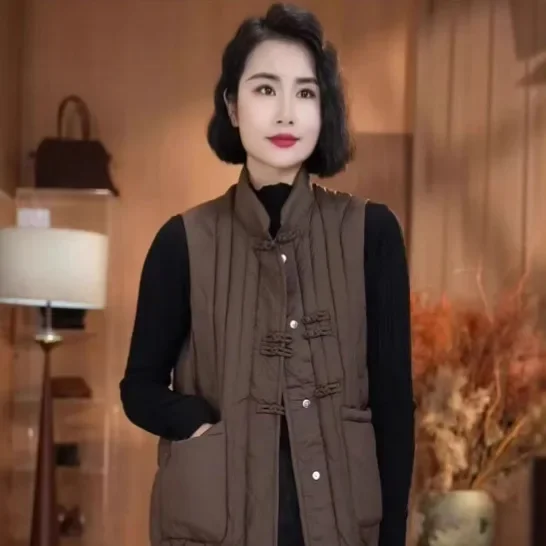 Новый пуховый жилет в китайском стиле с воротником-стойкой 2024 осень-зима теплый