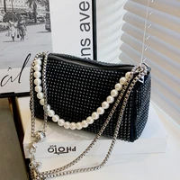 women shoulder bags 2022 luxury rhinestones purse and handbags female shopper fashion solid color pearl chain barrel shaped bags