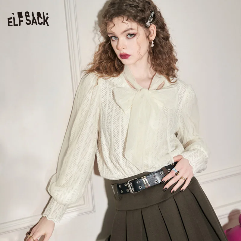 ELFSACK Bow Collar White Chiffon Blouses Women 2023 Spring Basic Tops