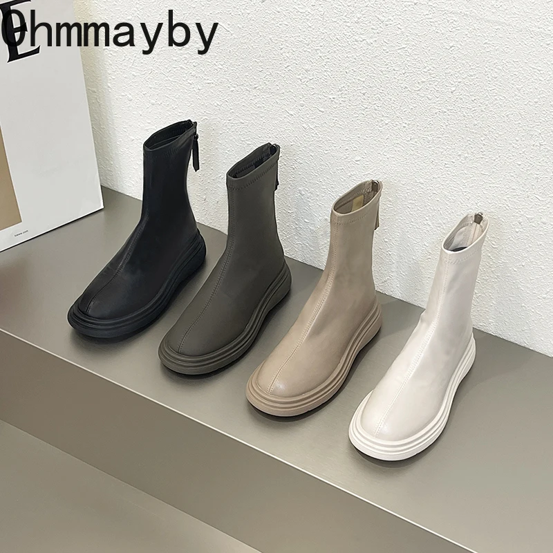 

Женские ботинки на толстой подошве, удобные теплые ботильоны на плоской подошве, модные короткие ботинки на молнии для осени и зимы