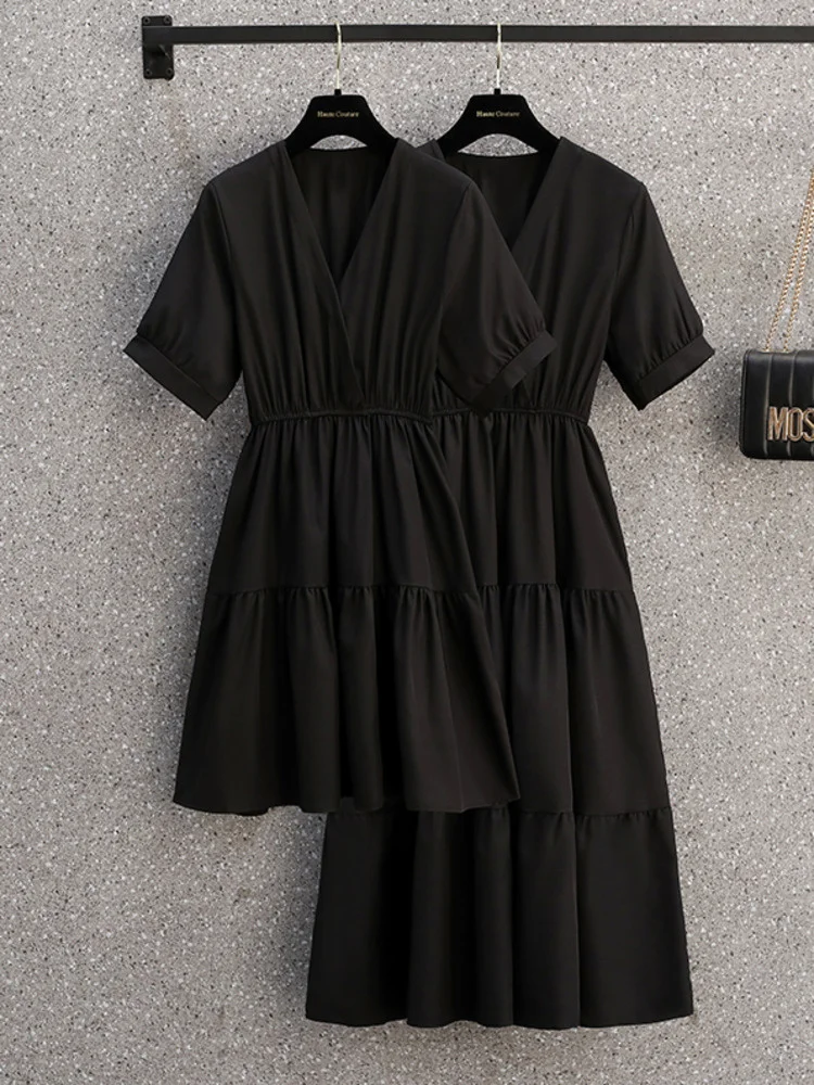 

Oversize M-4XL V-neck Empire Dress Female Summer Elegant Fashion Short Sleeve Elastic Waist Pleated Large Korean Dresses