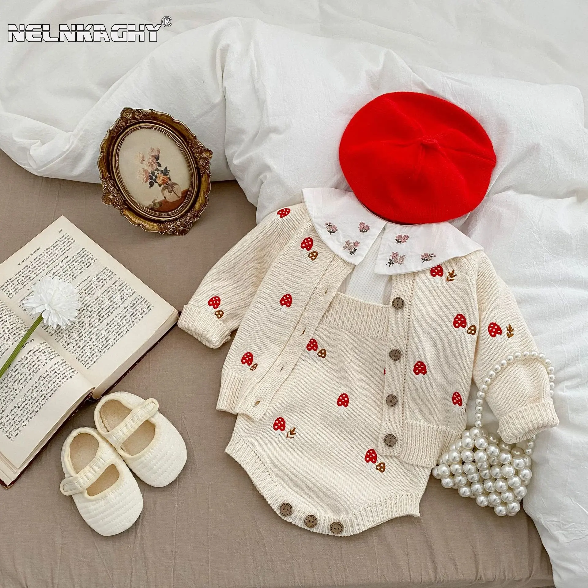 

2023 Autumn Spring Kids Baby Girls Cute Mushroom Embroidered Sweater Coat + Sleeveless Romper Overall Toddler Clothes 0-3Y