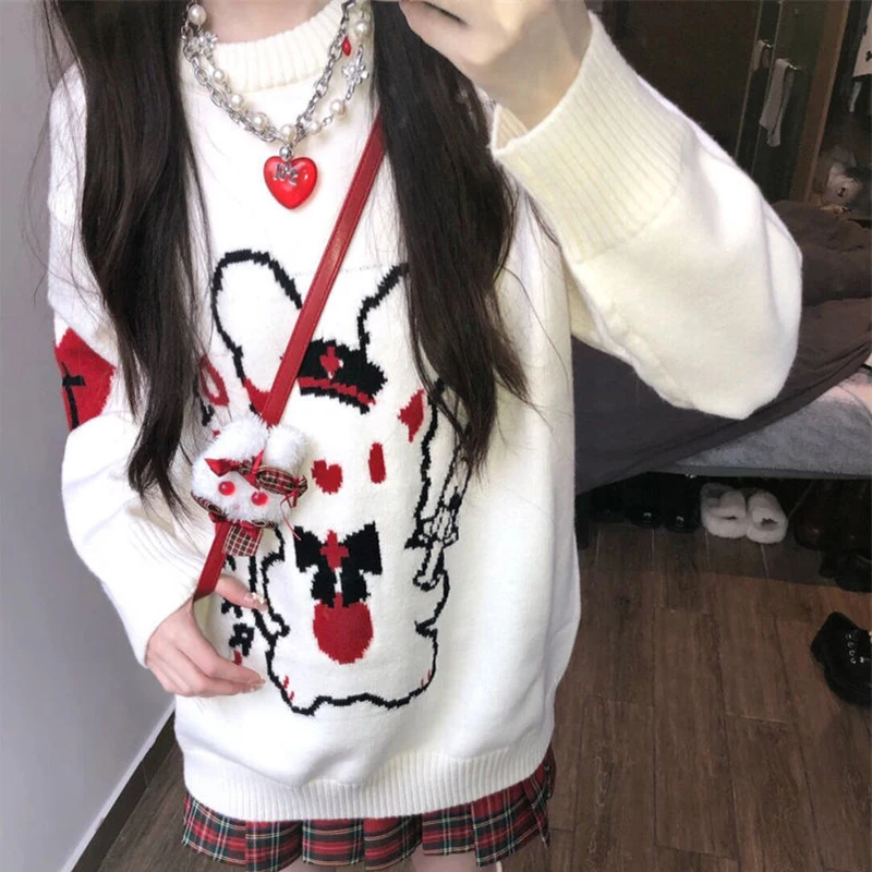 

Kawaii Harajuku Rabbit Women Sweaters 2022 Autumn New Trend Japanese Style Gothic Loose Pullovers Casual Daily Aesthetic Clothes