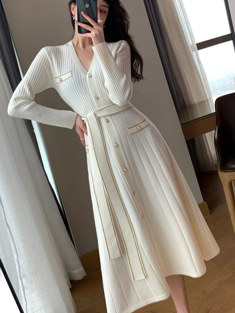 

Womens Autumn Long Knitted Dress Elegant V Neck Metallic Belted Striped A-line Calf Lonmg Knit Dress White Black