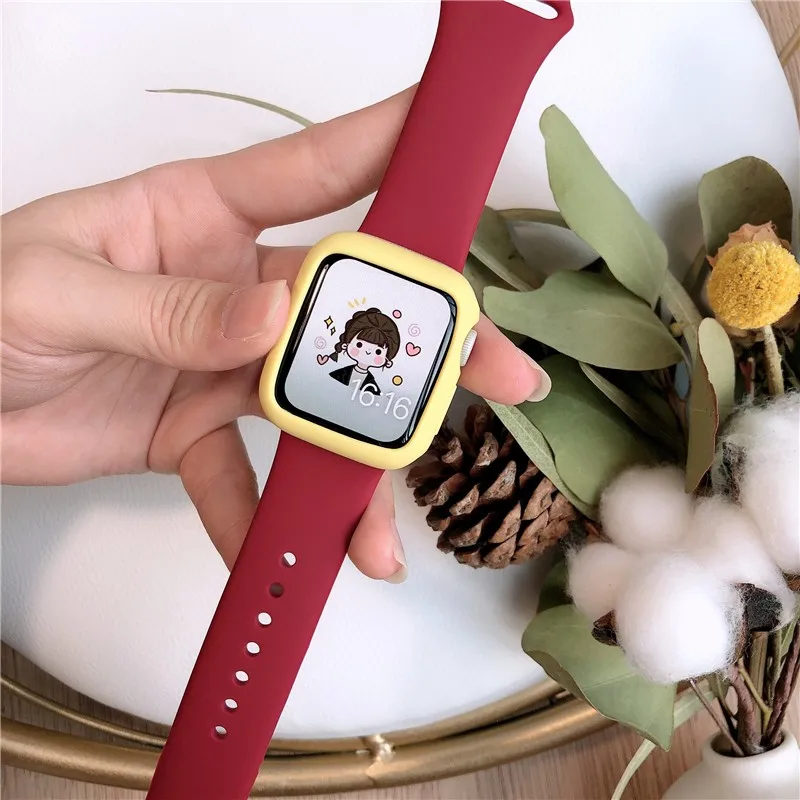 Стекло + чехол ремешок для Apple Watch Series 7 6 5 4 3 Se 41 мм 45 38 42 силиконовый браслет