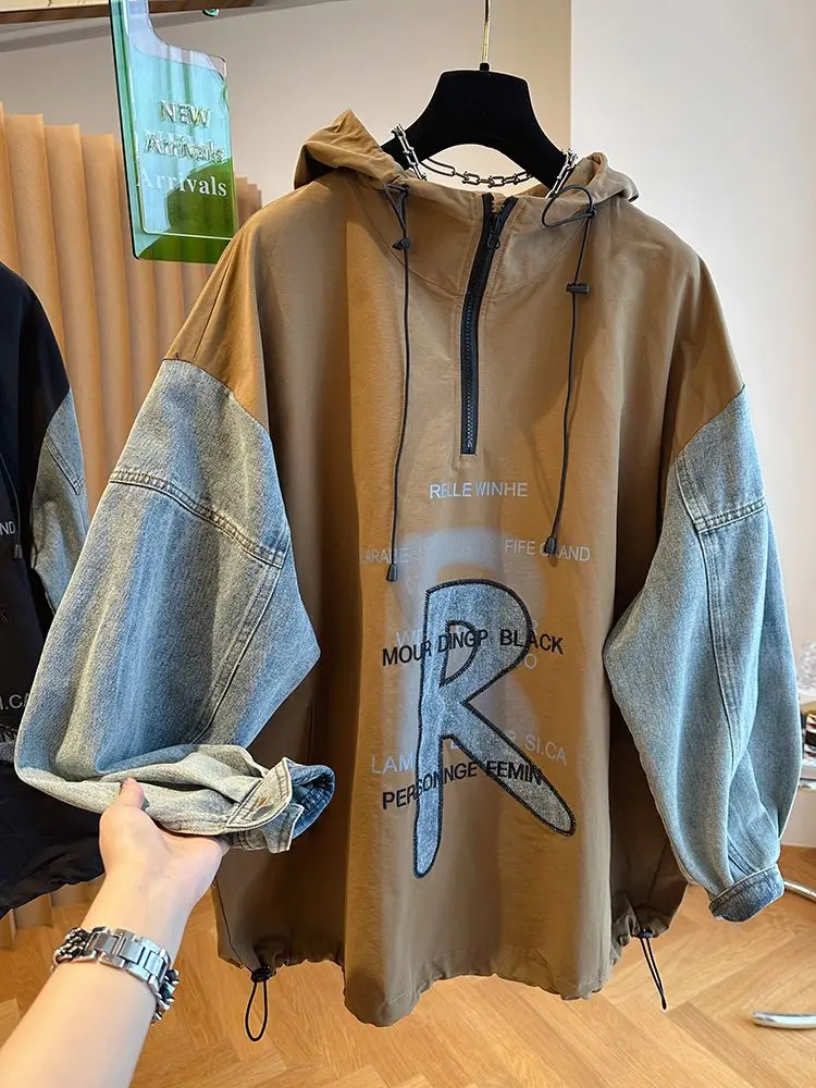 Очень большой размер 300 фунтов европейская ниша свободная джинсовая толстовка с