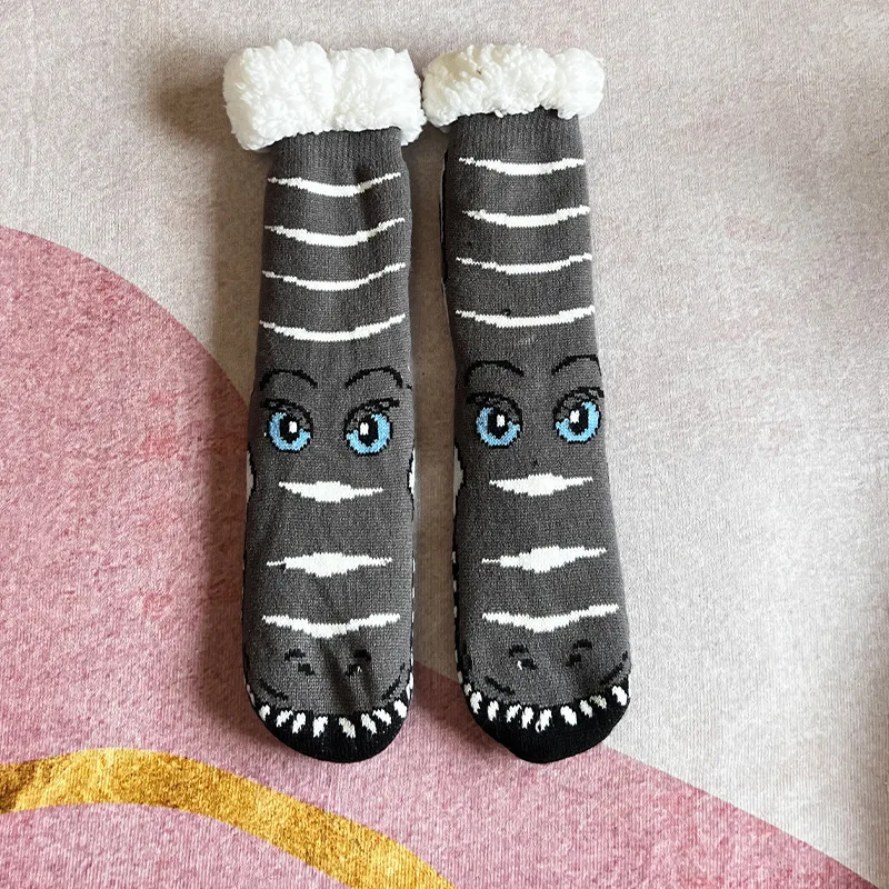 Fuzzy Short Sock Women Dinosaur Winter Funny Cute Kawaii Non Slip Cartoon Sleeping Soft Comfy Female Floor Thermal Slippers