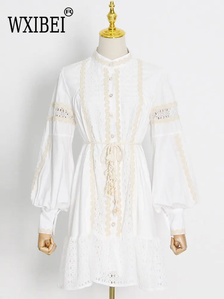 

WXIBEI Embroidery Ruffles Single Breasted Short Dress Women's 2023 Stand Collar Lantern Sleeves High Waist Fashion Dresses FC484