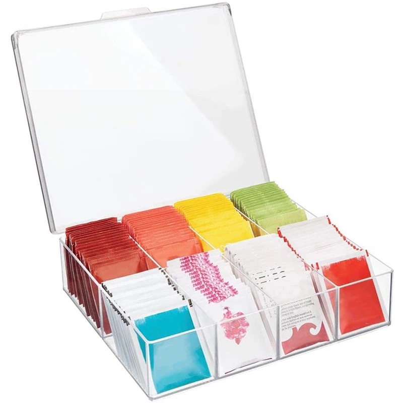 

Stackable Tea Bag Organizer Storage Bin with Lid and 8 Compartment Clear Acrylic Container Kitchen Office Supply Hot