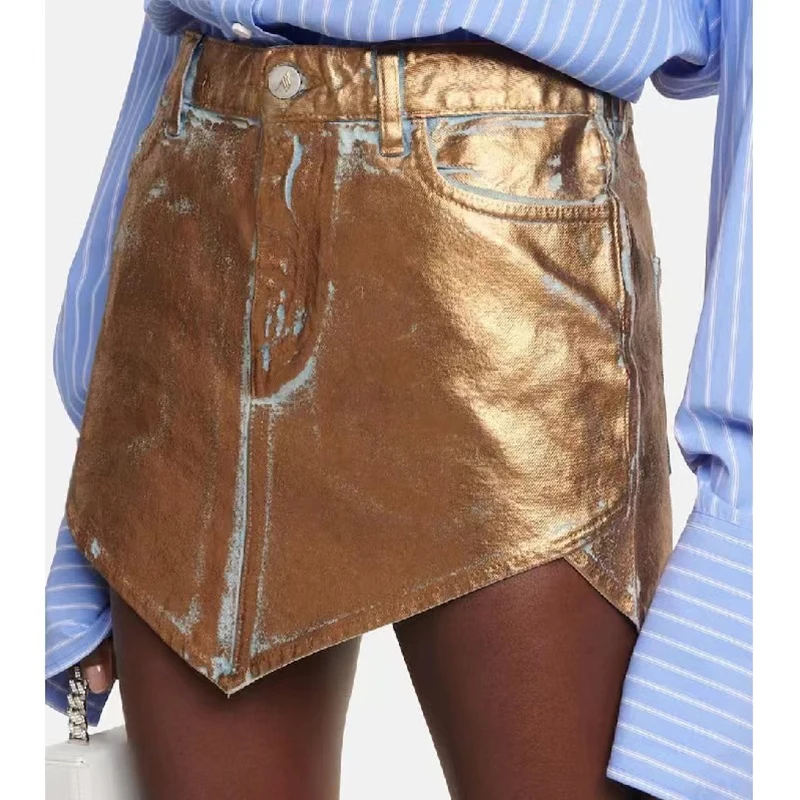 

Hecisuz Short Skirt 2022 Summer Hand-painted Painted Gold A-line Skirt Personality Fashion High Street Cotton Denim Skirt Women