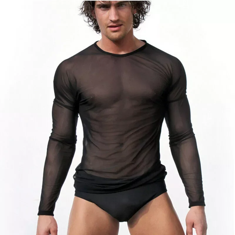 

Men Undershirt Gay clothing Nylon Mesh Shirt See Through Long Sleeve Slim Party Nightclub Sexy T-shirts Underwear