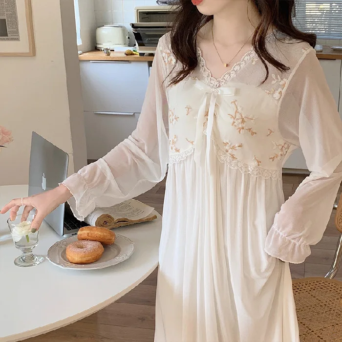 Nightgown Embroidered Flower Sweet Gauze Palace Style Long Sleeve Nightdress Sleepwear Spring Summer Female Home Dressing Gown