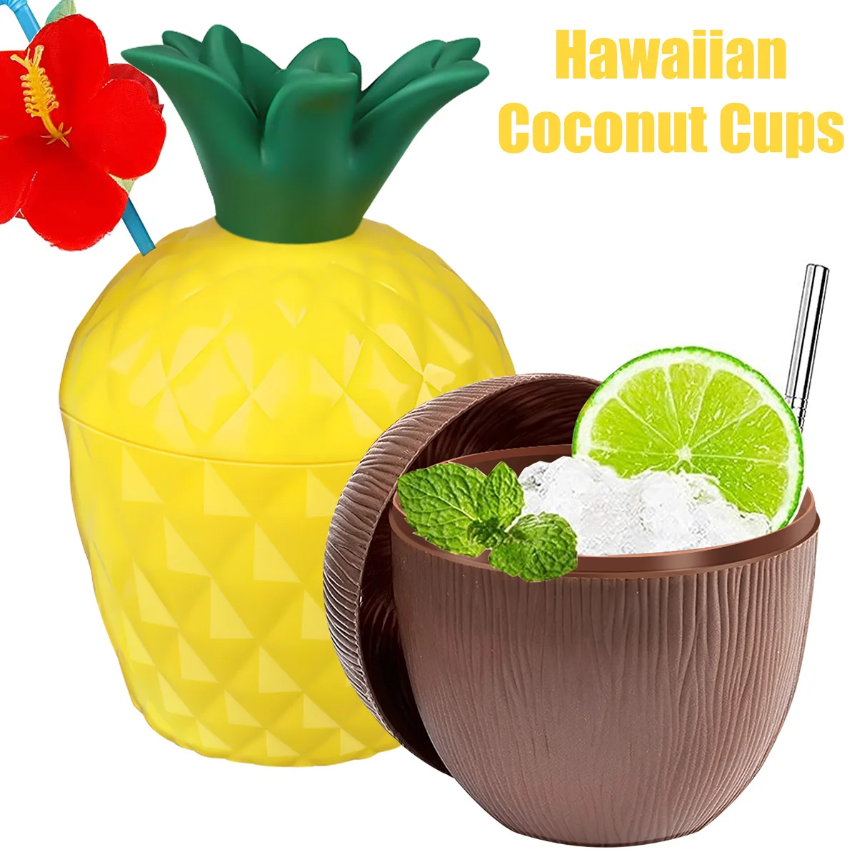 Hawaii Party Pineapple Coconut Drinking Cup with Lids Hibiscus Flower Straws Tropical Beach Theme Party Fun Drink Decor Cup