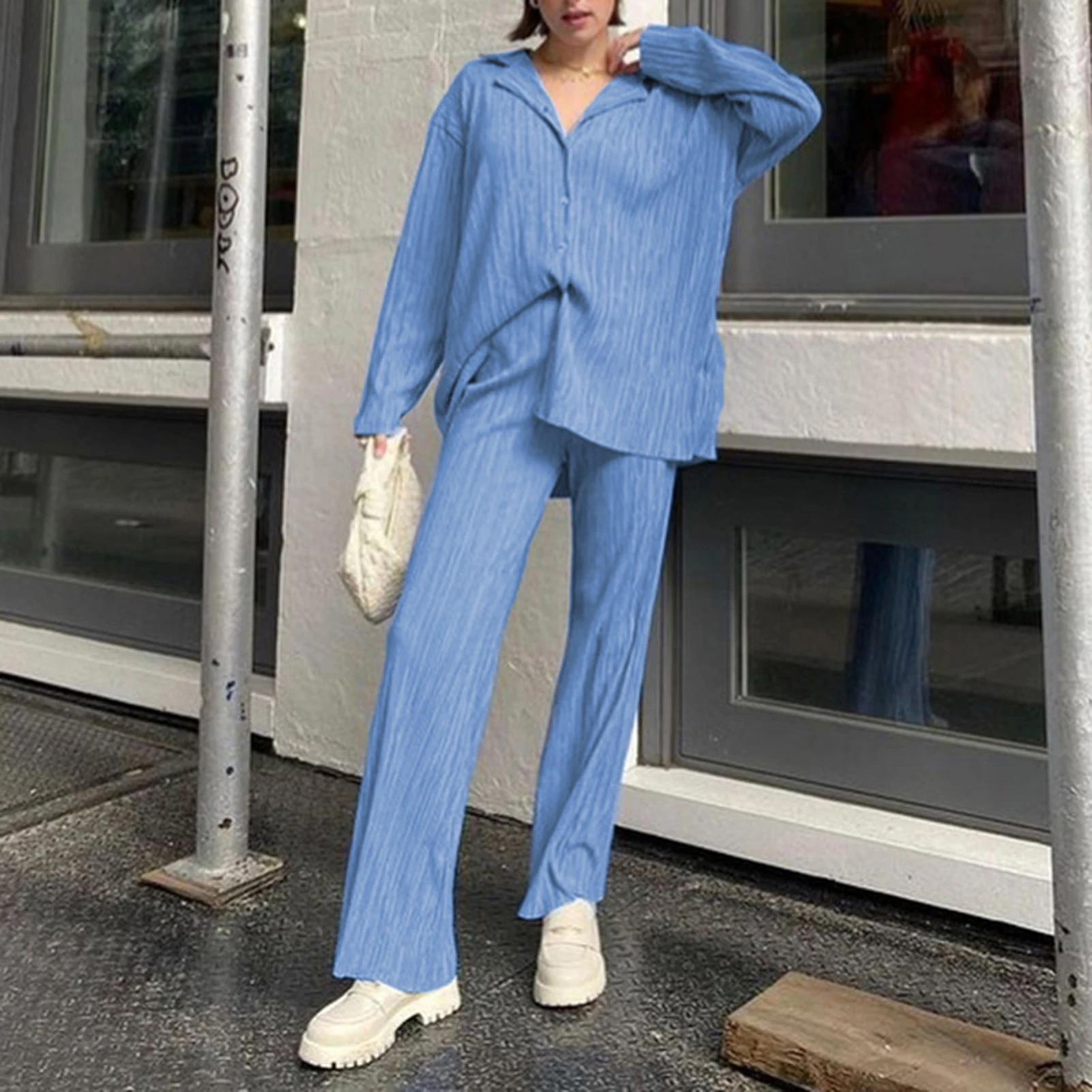 

Women Loose Pleated 2 Piece Pants Sets Solid Colour Fashion Streetwear Casual Pant Suits Single Breasted Wide Leg Pants Outfits