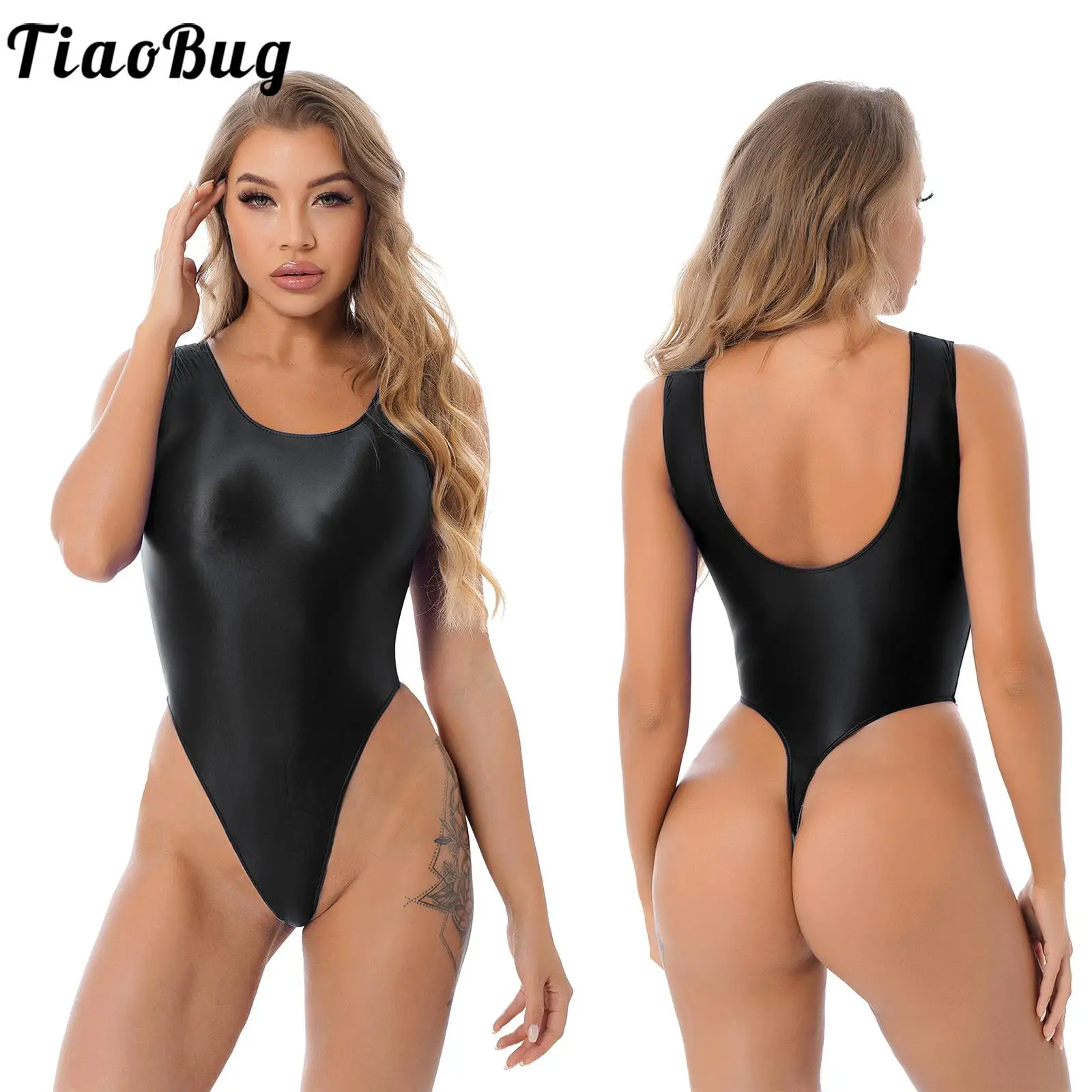 

Tiaobug Womens Glossy Sleeveless Pure High Cut Nylon Bodysuits One-piece Good Stretchy Swimsuit for Yoga Sports Fitness Swimming