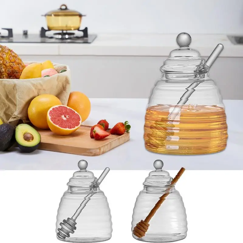 

Clear Honey Jar With Dipper and Lid Stick Transparent Honey Storage Tanks Durable Glass Honey Pot For Guests, Home, Kitchen