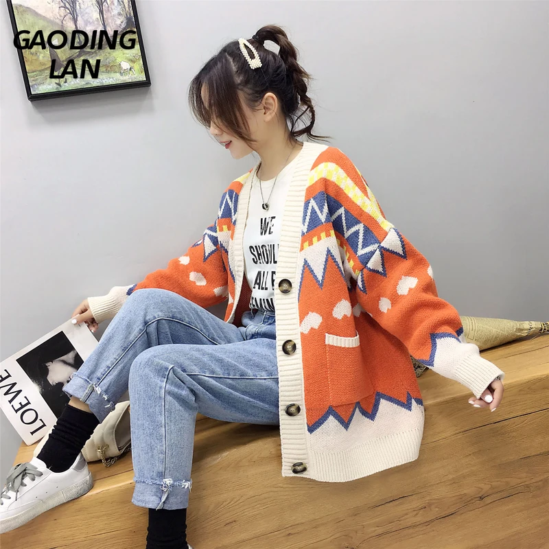 

Gaodinglan Large Size Loose Long Sleeve Women Sweater Korean Lazy Style Cardigans Y2k Print Thick Warm Female Knit Jacket Coats