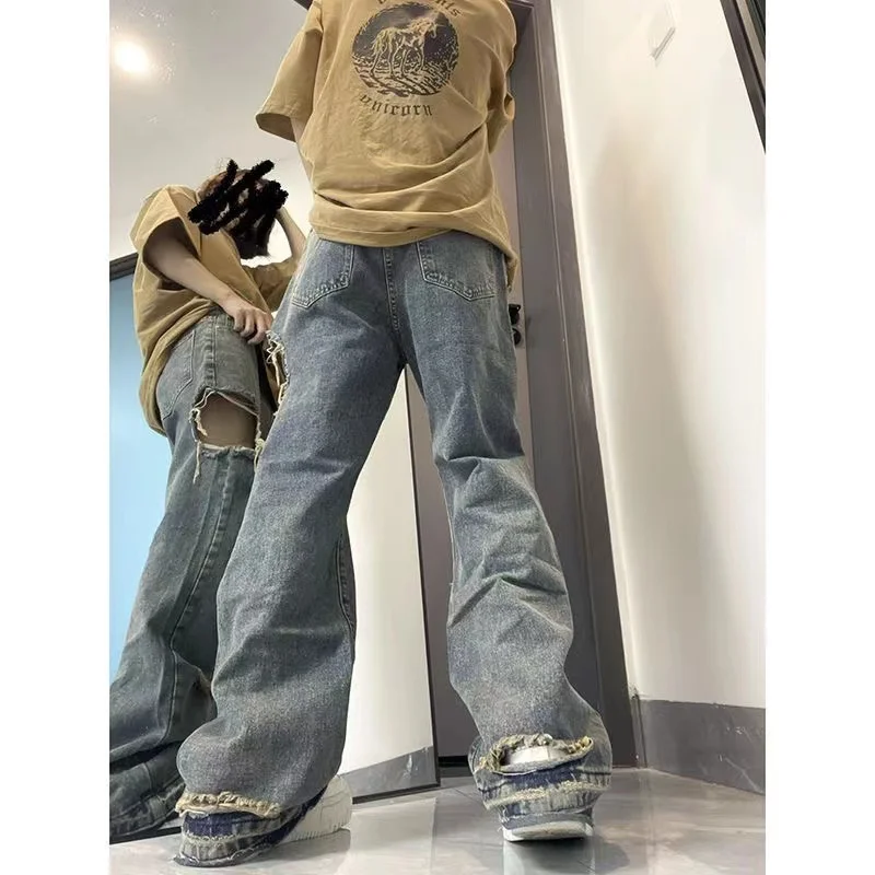 American High Street Tide Ins National Tide Loose Wide Leg pants Harajuku  Ripped High Street Baggy Jeans Female