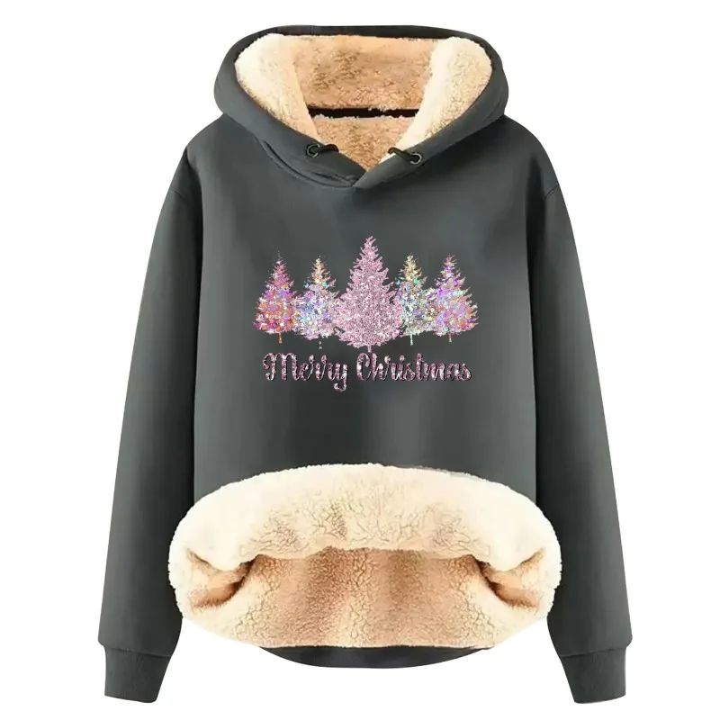 

Thickened Top Women's Colorful Christmas Tree Hooded Pullover Loose Long Sleeved Warm Plush Women's Sport Tops Winter Clothing