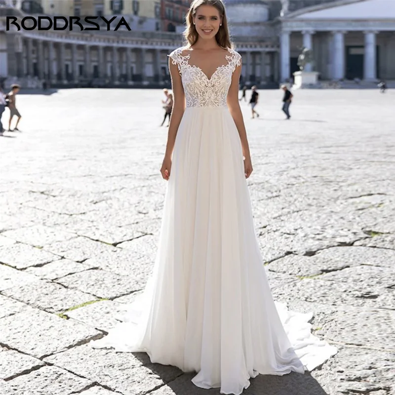 

RODDRSYA V-Neck Cap Sleeve Wedding Dresses Boho Lace Appliques A-Line Vestido De Noiva Illusion Back Buttons Chiffon Bridal Gown