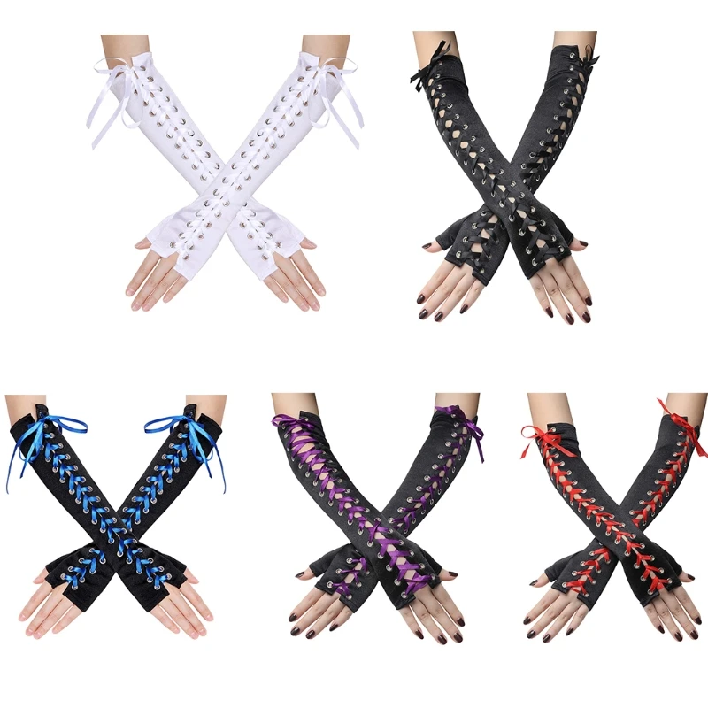 

449B Steampunk Lace Up Elbow Length Gloves Punk Satin Gloves Half Finger Party Gloves Fingerless Arm Warmer for Prom