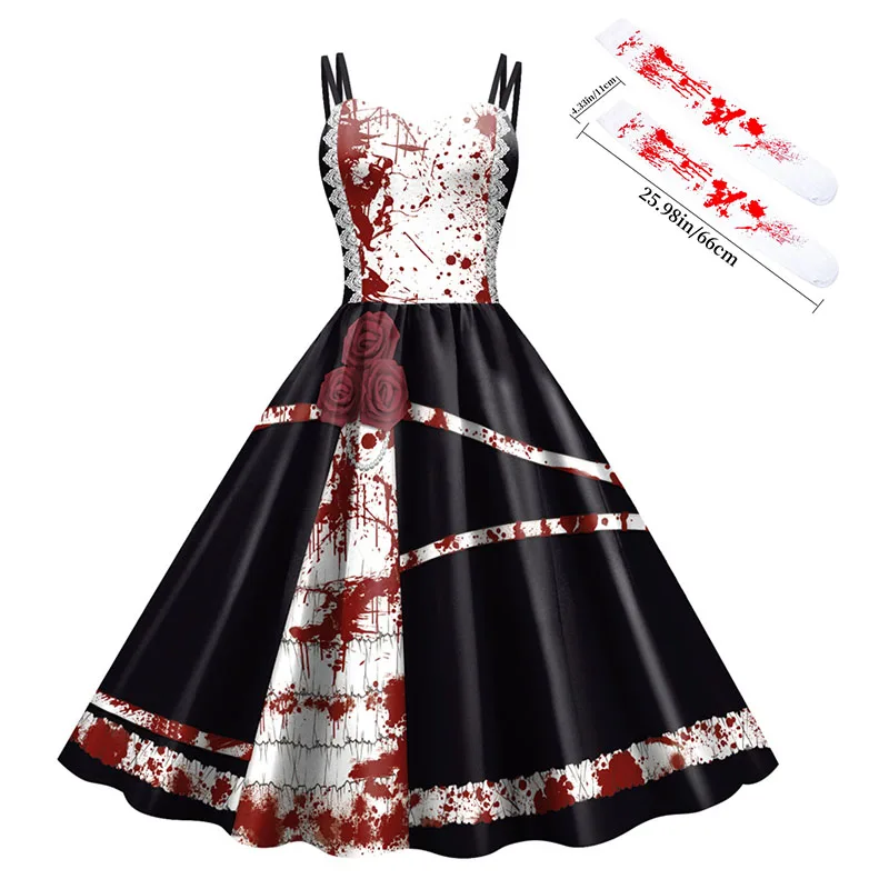 

Halloween Blood Rose Print Scary Dress Women Horror Beauty Cosplay Slip Dresses Masquerade Carnival Party Outfits