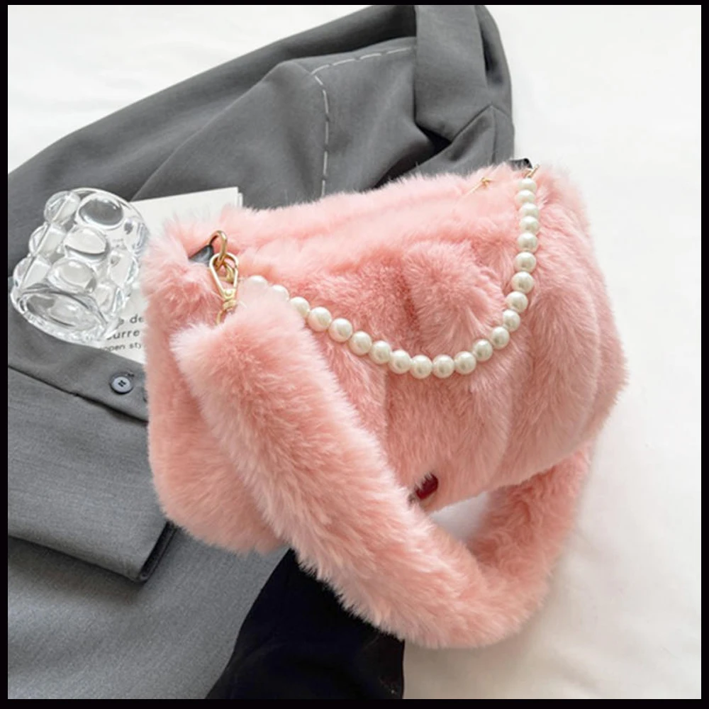 

Сумочки из искусственного меха для женщин, теплая плюшевая Сумка-тоут, сумка для покупок, зимняя сумка с жемчужной цепочкой, сумка на плечо, женские повседневные кошельки