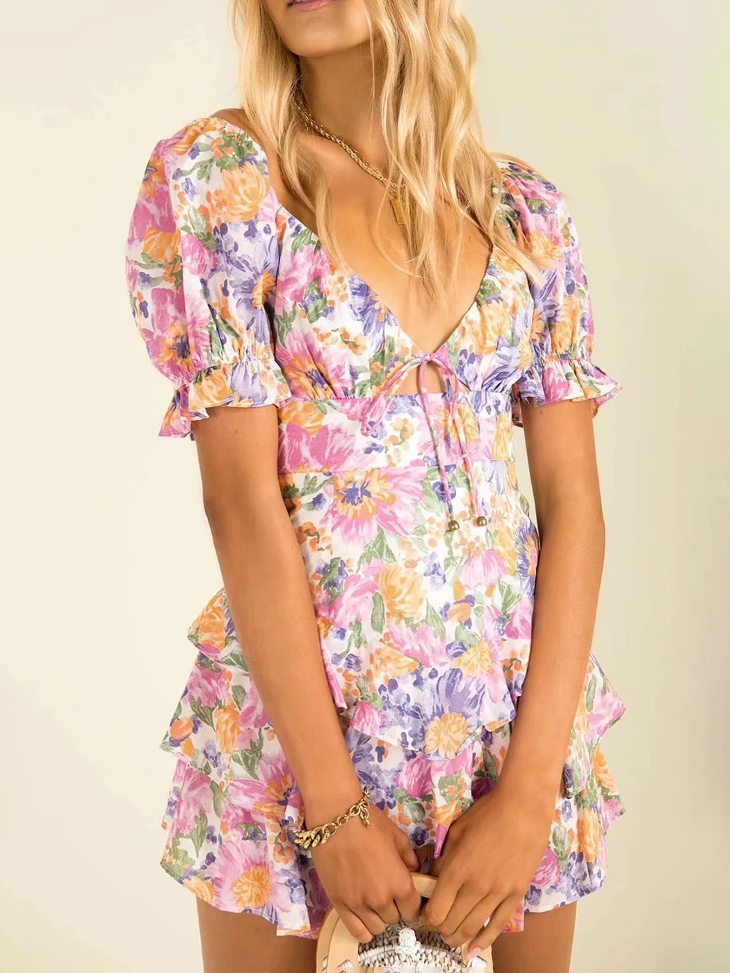 

Jastie Chic Chiffon Slim Mini Dress Women Lace-up Deep V Neck Puff Sleeve Ruffle Hem Summer Vestidos Boho Beach Sexy Dresses