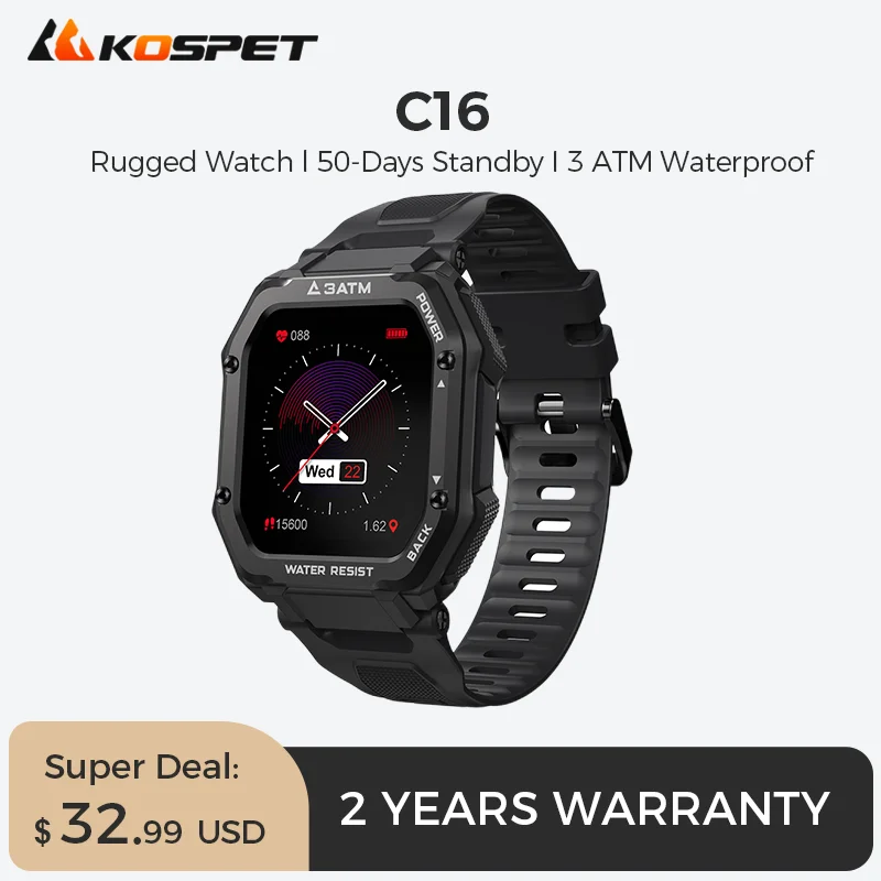 

NEW KOSPET C16 Rugged Smartwatch 3ATM Waterproof 1.7 Inch Sport Fitness Tracker Wristband Outdoor Men's Smart Watch 2022