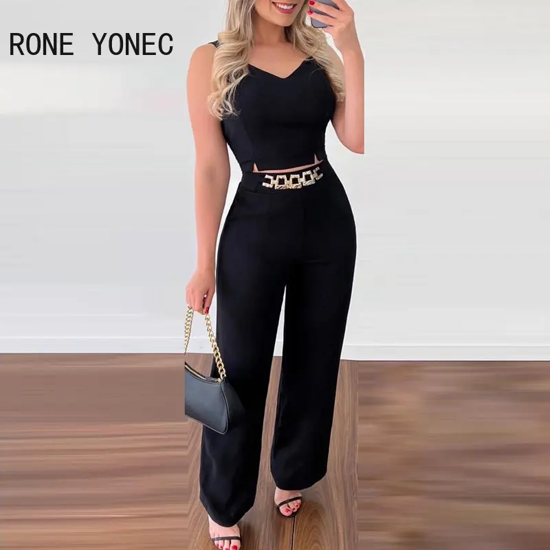 

Women Fashion Chic Solid Sleeveless Crop Top Chain Decoration Straight Pants Sets